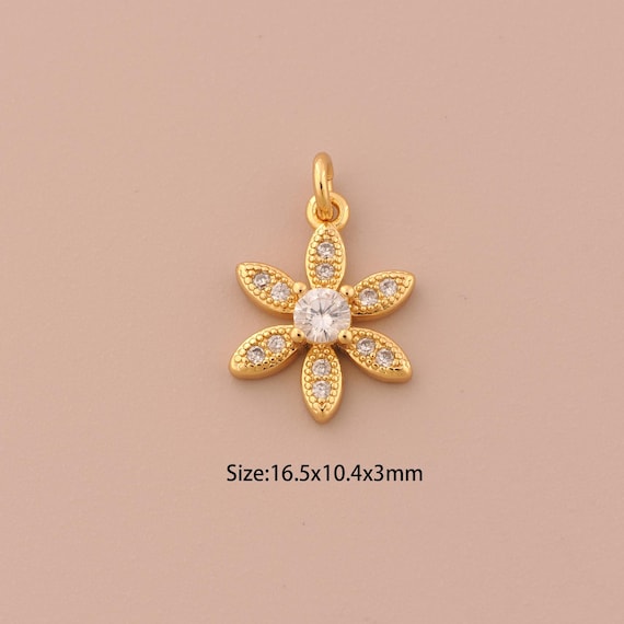 18K Gold Flower Charms,CZ Pave Plant Charms Pendants,Flower Charm for DIY Jewelry Making Supply