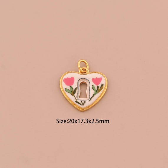 18K Gold Heart Charms,Enamel Lock Charms Pendants,Flower Charm for DIY Jewelry Making Supply