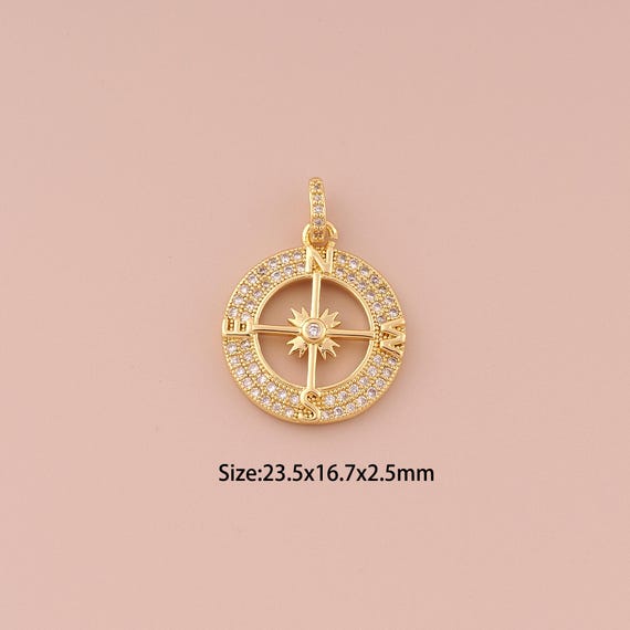 18K Gold Compass Charms,CZ Pave Minimalist Charms Pendants,Compass Charm for DIY Jewelry Making Supply