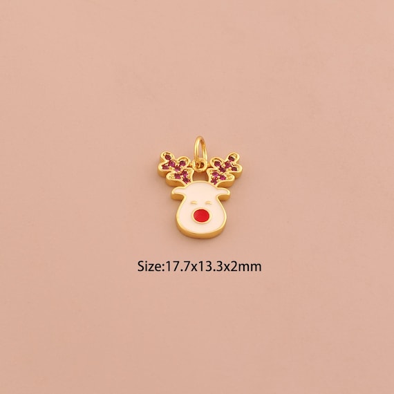 18K Gold Christmas Deer Charms,CZ Pave Christmas Charms Pendants,Enamel Animal Charm for DIY Jewelry Making Supply