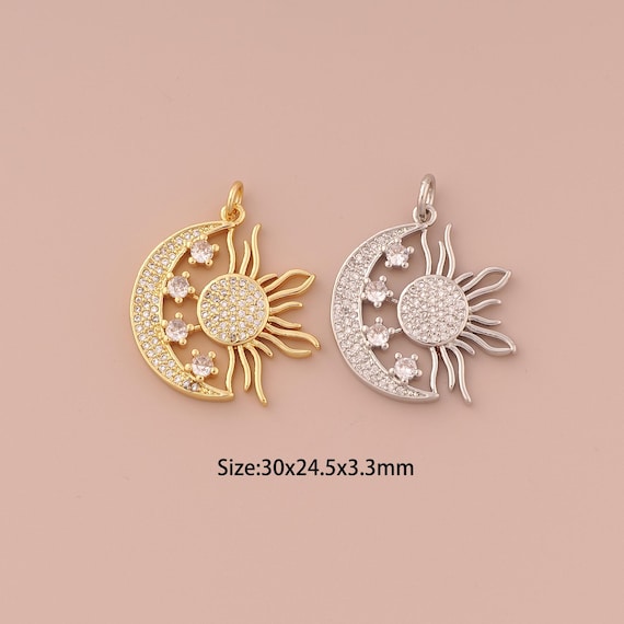 18K Gold Moon Charms,CZ Pave Minimalist Charms Pendants,Sun Charm for DIY Jewelry Making Supply