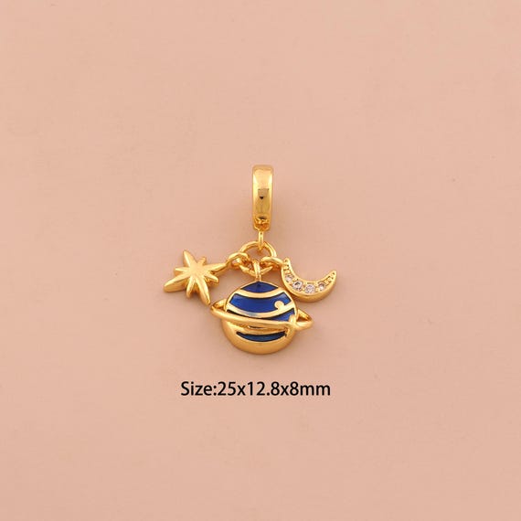 18K Gold Saturn Charms,Enamel Crescent Moon Charms Pendants,CZ Pave Polaris Charm for DIY Jewelry Making Supply