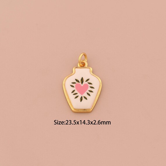 18K Gold Vase Charms,Enamel Heart Charms Pendants,Vase Charm for DIY Jewelry Making Supply
