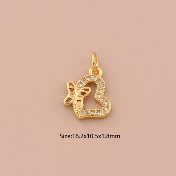 18K Gold Heart Charms,CZ Pave Butterfly Charms Pendants,Heart Charm for DIY Jewelry Making Supply