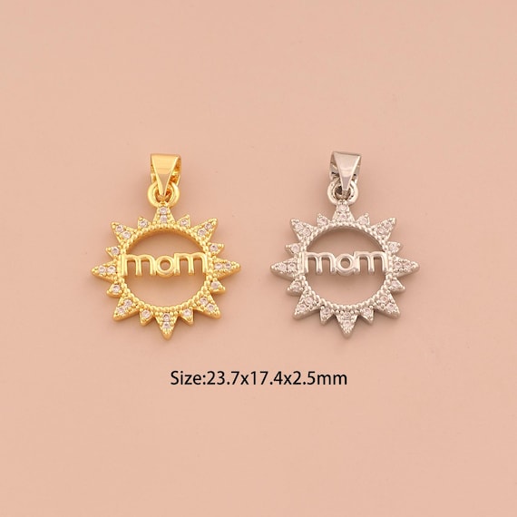 18K Gold MOM Charms,CZ Pave Sun Charms Pendants,Letter Charm for DIY Jewelry Making Supply