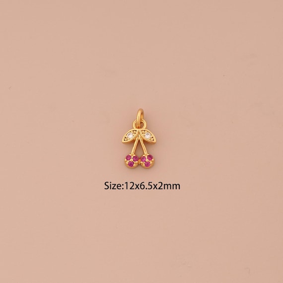 18K Gold Cherry Charms,CZ Pave Fruit Charms Pendants,Cherry Charm for DIY Jewelry Making Supply