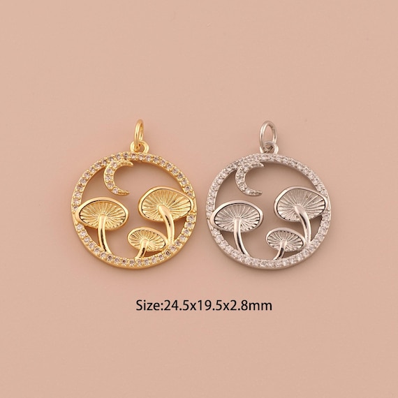 18K Gold Mushroom Charms,CZ Pave Minimalist Charms Pendants,Moon Charm for DIY Jewelry Making Supply