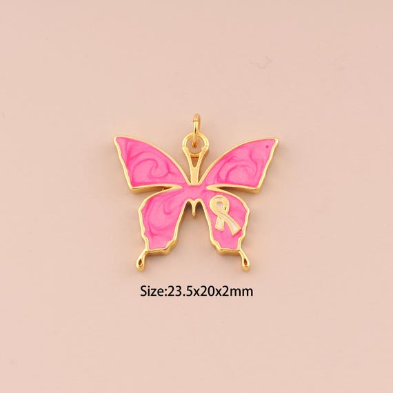 18K Gold Butterfly Charm Ribbon Pendant,Cancer Awareness Charm Bracelet Necklace for DIY Jewelry Making Supply