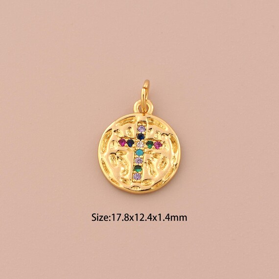 18K Gold Round Charms,CZ Pave Cross Charms Pendants,Religious Charm for DIY Jewelry Making Supply