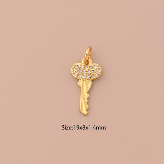 18K Gold Key Charms,CZ Pave Minimalist Charms Pendants,Key Charm for DIY Jewelry Making Supply