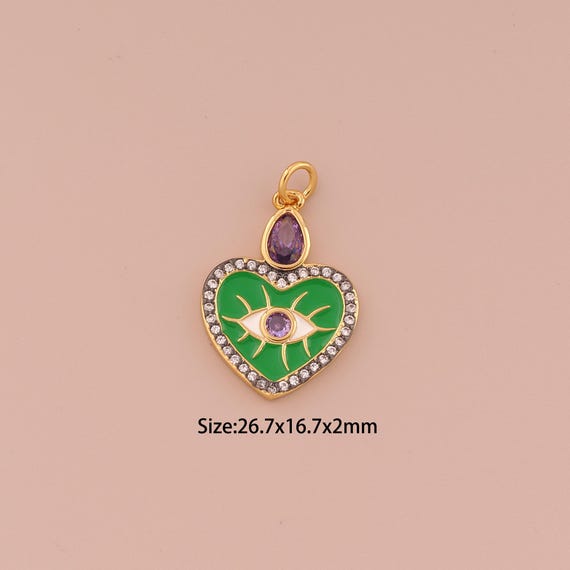 18K Gold Heart Charms,CZ Pave Minimalist Charms Pendants,Enamel Evil Eye Charm for DIY Jewelry Making Supply