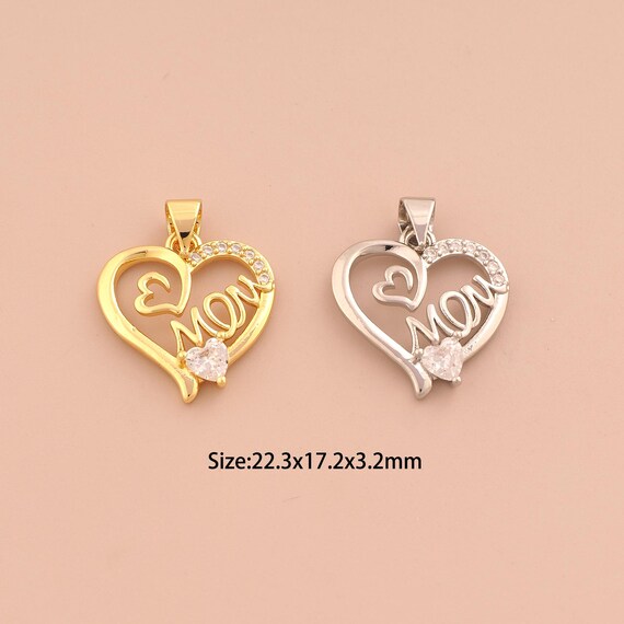 18K Gold MOM Charms,CZ Pave Heart Charms Pendants,Letter Charm for DIY Jewelry Making Supply