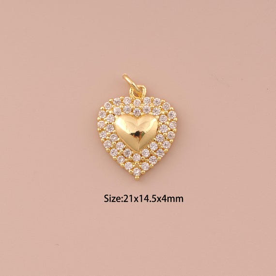 18K Gold Heart Charms,CZ Pave Minimalist Charms Pendants,Heart Charm for DIY Jewelry Making Supply