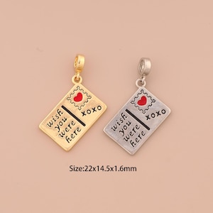 Pendentif carte postale en or 18 carats, pendentif coeur en émail, breloques cartes postales, bijoux à bricoler soi-même
