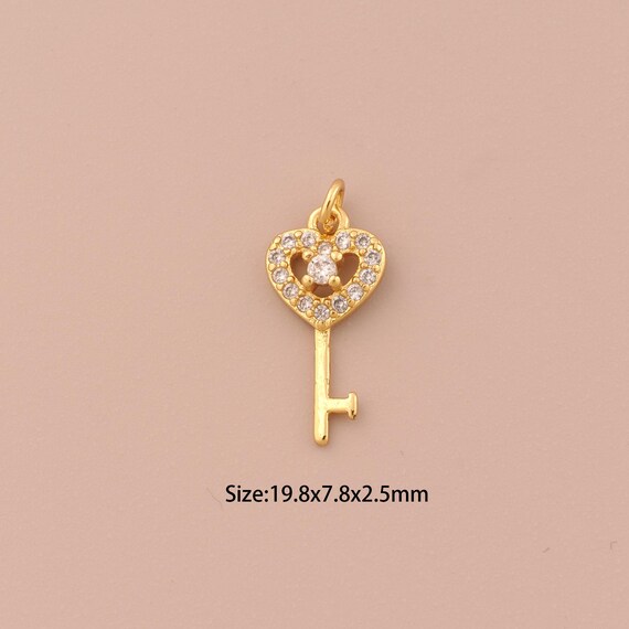 18K Gold Key Charms,CZ Pave Heart Charms Pendants,Key Charm for DIY Jewelry Making Supply