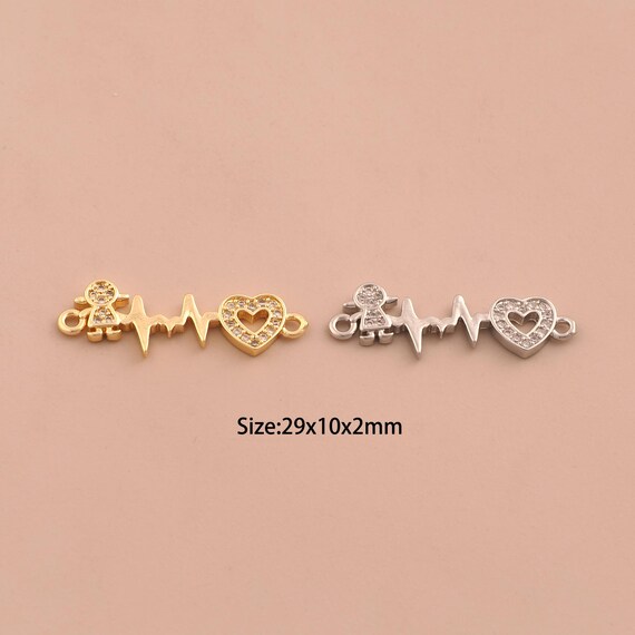 18K Gold Girl Connector,CZ Pave Heartbeat Connector Charms,Heart Connector for DIY Jewelry Making Supply