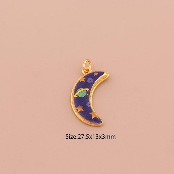 18K Gold Crescent Moon Charms,Enamel Saturn Charms Pendants,Star Charm for DIY Jewelry Making Supply