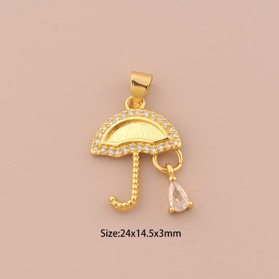 18K Gold Umbrella Charms,CZ Pave Water Drop Charms Pendants,Umbrella Charm for DIY Jewelry Making Supply