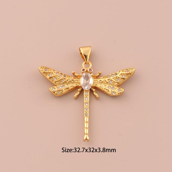 18K Gold Dragonfly Charms,CZ Pave Minimalist Charms Pendants,Dragonfly Charm for DIY Jewelry Making Supply