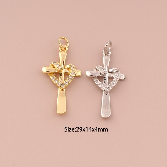 18K Gold Cross Charms,CZ Pave Minimalist Charms Pendants,Heart Charm for DIY Jewelry Making Supply