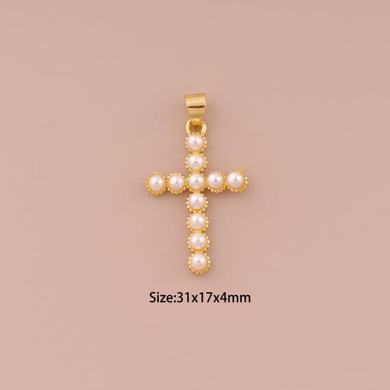 18K Gold Cross Charms,Pearl Religious Charms Pendants,Christian Charm for DIY Jewelry Making Supply