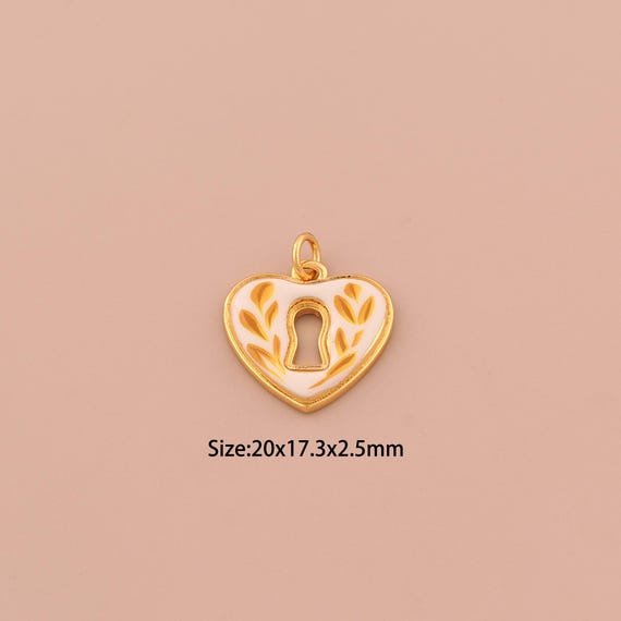 18K Gold Heart Charms,Enamel Lock Charms Pendants,Love Charm for DIY Jewelry Making Supply