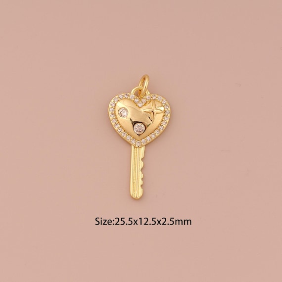 18K Gold Heart Charms,CZ Pave Minimalist Charms Pendants,Key Charm for DIY Jewelry Making Supply