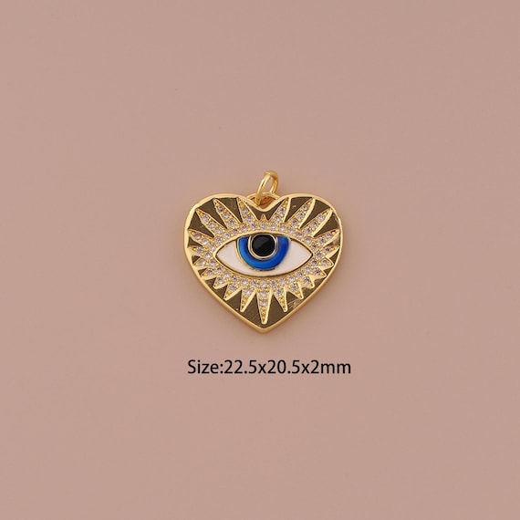 18K Gold Heart Charms,CZ Pave Minimalist Charms Pendants,Evil Eye Charm for DIY Jewelry Making Supply