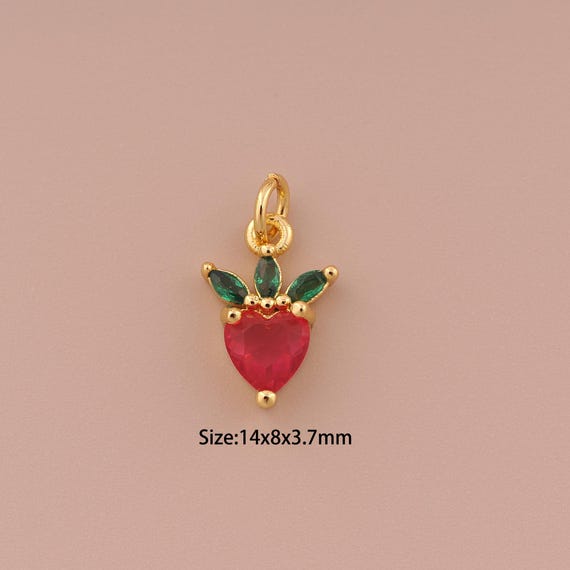 18K Gold Strawberry Charms,CZ Pave Minimalist Charms Pendants,Fruit Charm for DIY Jewelry Making Supply