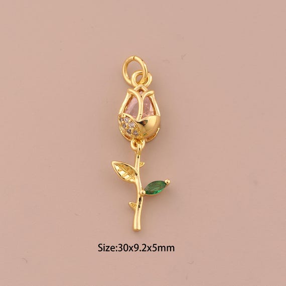 18K Gold Flower Charms,CZ Pave Plant Charms Pendants,Flower Charm for DIY Jewelry Making Supply