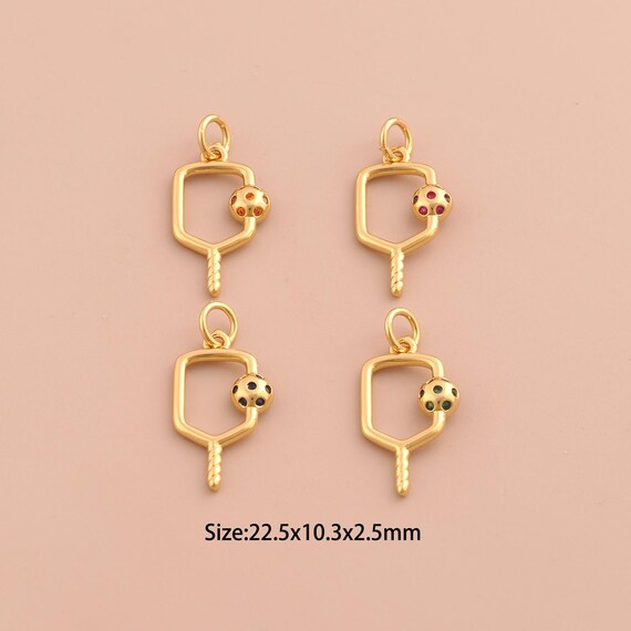 18K Gold Pickle Ball Charms,CZ Pave Rackets Charms Pendants,Sports Charm for DIY Jewelry Making Supply