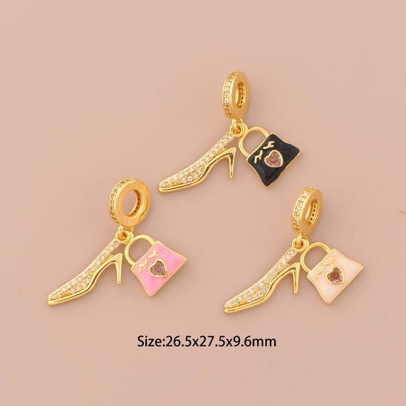 18K Gold High Heels Charms,CZ Pave High Heels Charms Pendants,Enamel Bag Charm for DIY Jewelry Making Supply