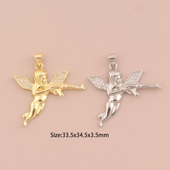 18K Gold Angel Charms,CZ Pave Weapon Charms Pendants,Angel Charm for DIY Jewelry Making Supply