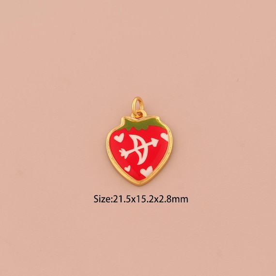 18K Gold Strawberry Charms,Enamel Fruit Charms Pendants,Bow and Arrow Charm for DIY Jewelry Making Supply