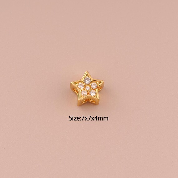 18K Gold Star Spacer Bead,CZ Pave Minimalist Bead,Large Hole Bead for DIY Jewelry Making Supply