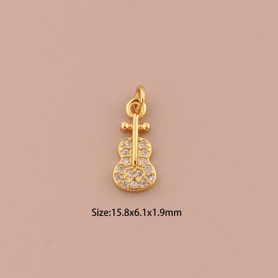 18K Gold Guitar Charms,CZ Pave Minimalist Charms Pendants,Guitar Charm for DIY Jewelry Making Supply