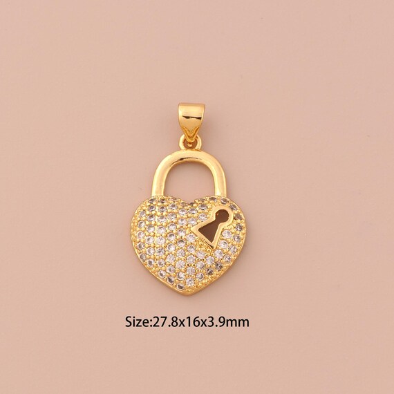 18K Gold Heart Charms,CZ Pave Lock Charms Pendants,Lock Charm for DIY Jewelry Making Supply