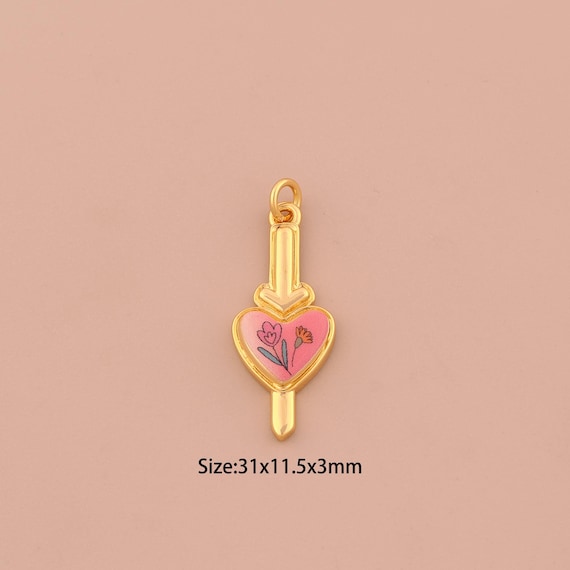 18K Gold Heart Charms,Enamel Flower Charms Pendants,Love Charm for DIY Jewelry Making Supply