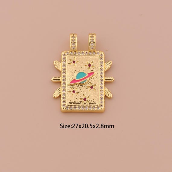 18K Gold Saturn Charms,CZ Pave Minimalist Charms Pendants,Enamel Star Charm for DIY Jewelry Making Supply