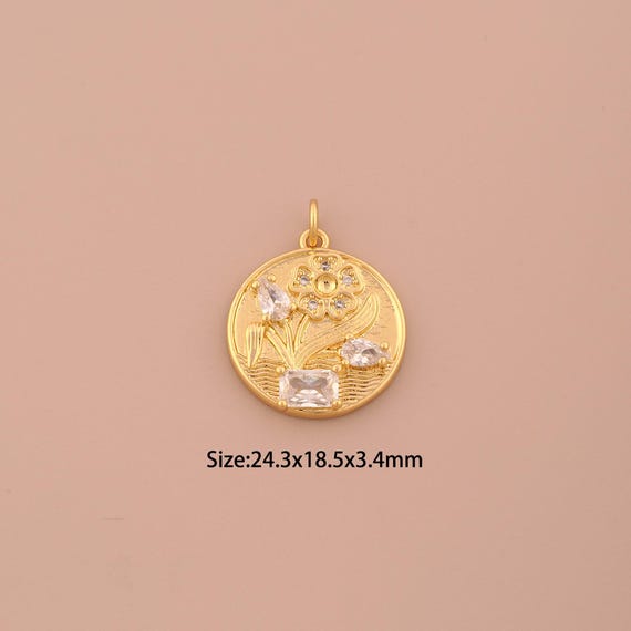 18K Gold Flower Charms,CZ Pave Round Charms Pendants,Flower Charm for DIY Jewelry Making Supply
