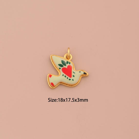 18K Gold Peace Dove Charms,Enamel Heart Charms Pendants,Animal Charm for DIY Jewelry Making Supply