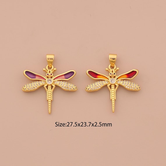 18K Gold Dragonfly Charms,CZ Pave Insect Charms Pendants,Enamel Dragonfly Charm for DIY Jewelry Making Supply