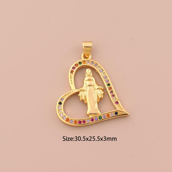 18K Gold Virgin Mary Charms,CZ Pave Heart Charms Pendants,Catholic Charm for DIY Jewelry Making Supply