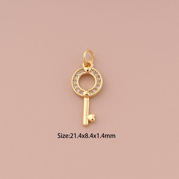 18K Gold Key Pendant Charms,CZ Pave Minimalist Charms Pendants,Round Pendant Charm for DIY Jewelry Making Supply