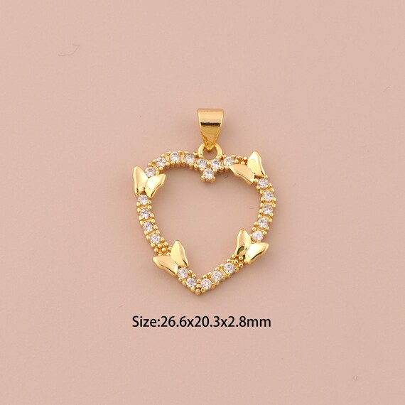 18K Gold Heart Charms,CZ Pave Butterfly Charms Pendants,Heart Charm for DIY Jewelry Making Supply