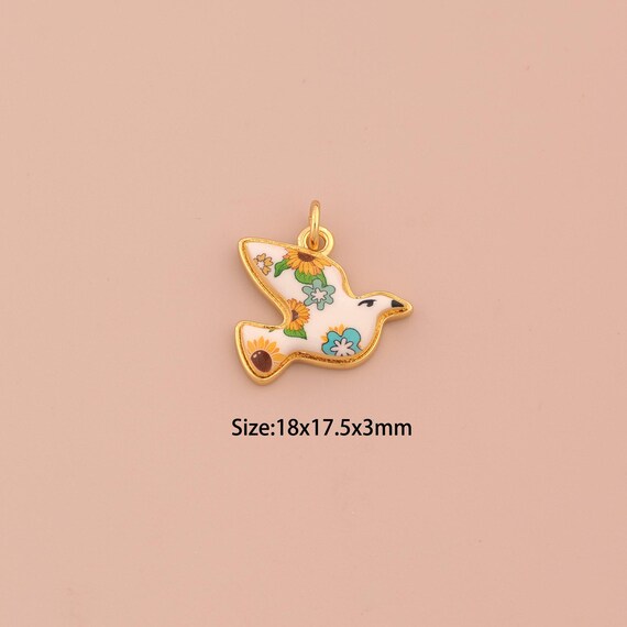 18K Gold Peace Dove Charms,Enamel Sunflower Charms Pendants,Animal Charm for DIY Jewelry Making Supply