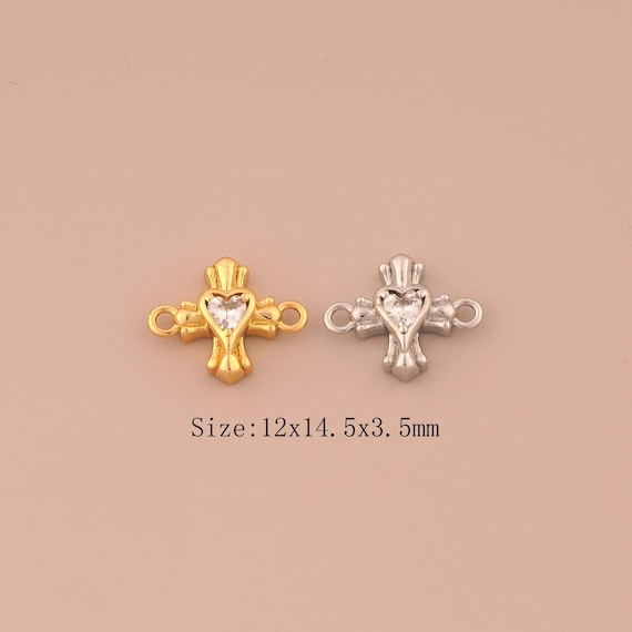 18K Gold Cross Connector,CZ Pave Heart Connector Charms,Christian Connector for DIY Jewelry Making Supply