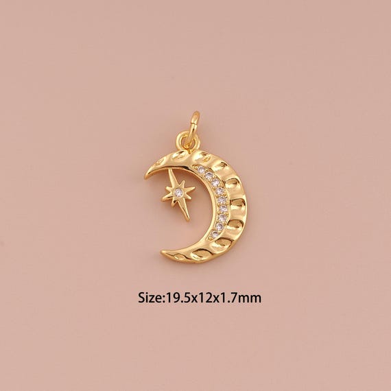 18K Gold Moon Charms,CZ Pave Minimalist Charms Pendants,Star Charm for DIY Jewelry Making Supply
