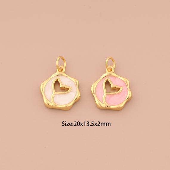 18K Gold Fishtail Charms,Enamel Round Charms Pendants,Heart Charm for DIY Jewelry Making Supply