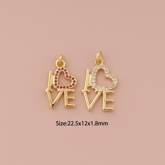 18K Gold LOVE Charms,CZ Pave Minimalist Charms Pendants,Heart Charm for DIY Jewelry Making Supply